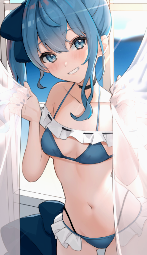 1girl, asymmetrical_hair, bad_id, bad_twitter_id, bikini, black_choker, blue_bikini, blue_eyes, blue_hair, breasts, choker, collarbone, curtain_grab, curtains, frilled_bikini, frills, grin, gyudon_uma, hands_up, hololive, hoshimachi_suisei, indoors, long_hair, navel, side_ponytail, sidelocks, small_breasts, smile, solo, star_(symbol), star_in_eye, stomach, swimsuit, symbol_in_eye, virtual_youtuber, wavy_hair, window