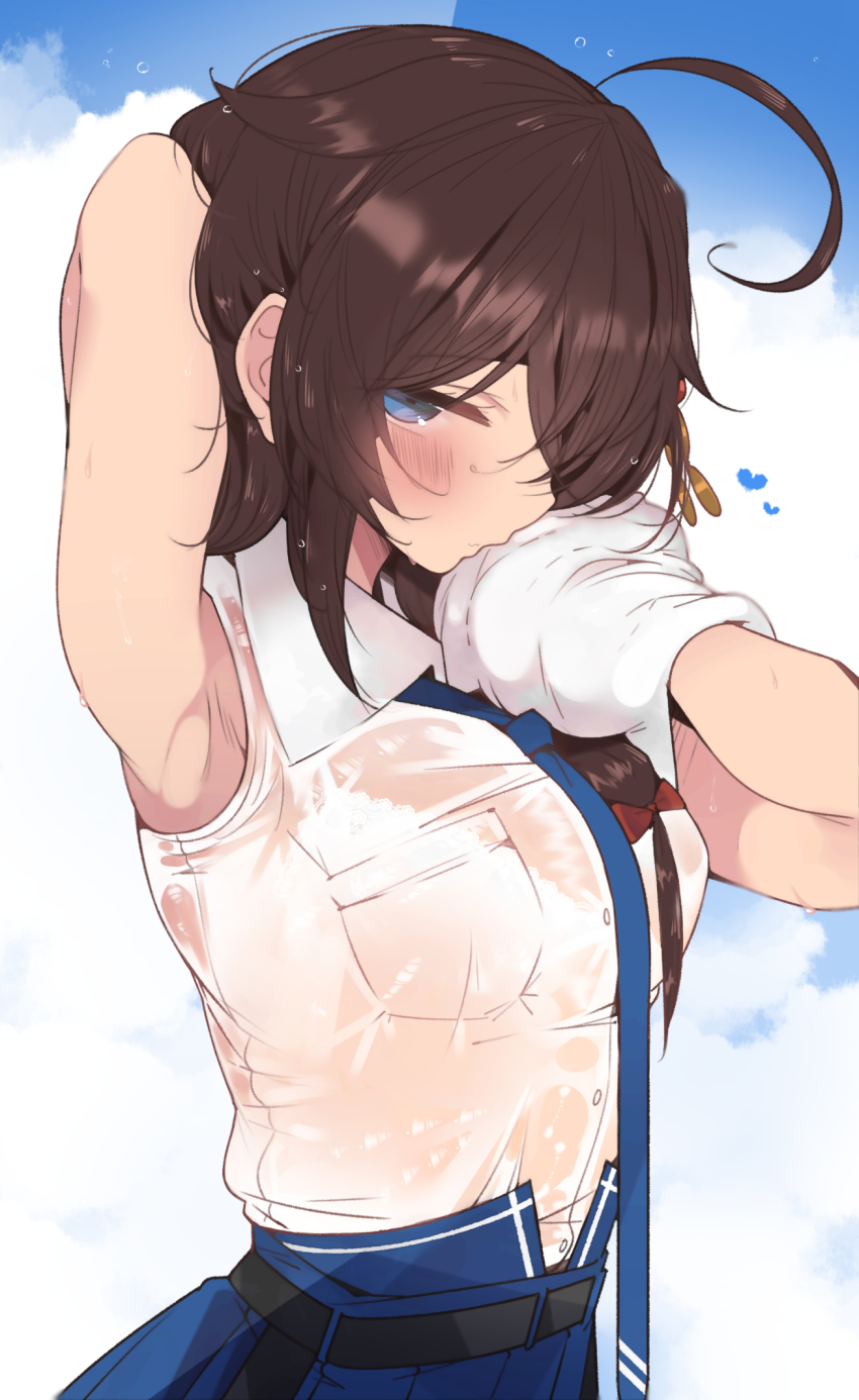 1girl, ahoge, armpits, blue_eyes, blue_necktie, blue_skirt, blush, braid, brown_hair, buttons, closed_mouth, collared_shirt, from_side, hair_between_eyes, hair_flaps, heart, highres, kantai_collection, long_hair, necktie, pleated_skirt, shigure_(kancolle), shigure_(lawson)_(kancolle), shigure_kai_ni_(kancolle), shirt, single_braid, skirt, sleeveless, sleeveless_shirt, solo, suzuki_toto, upper_body, wet, wet_clothes, wet_shirt, white_shirt