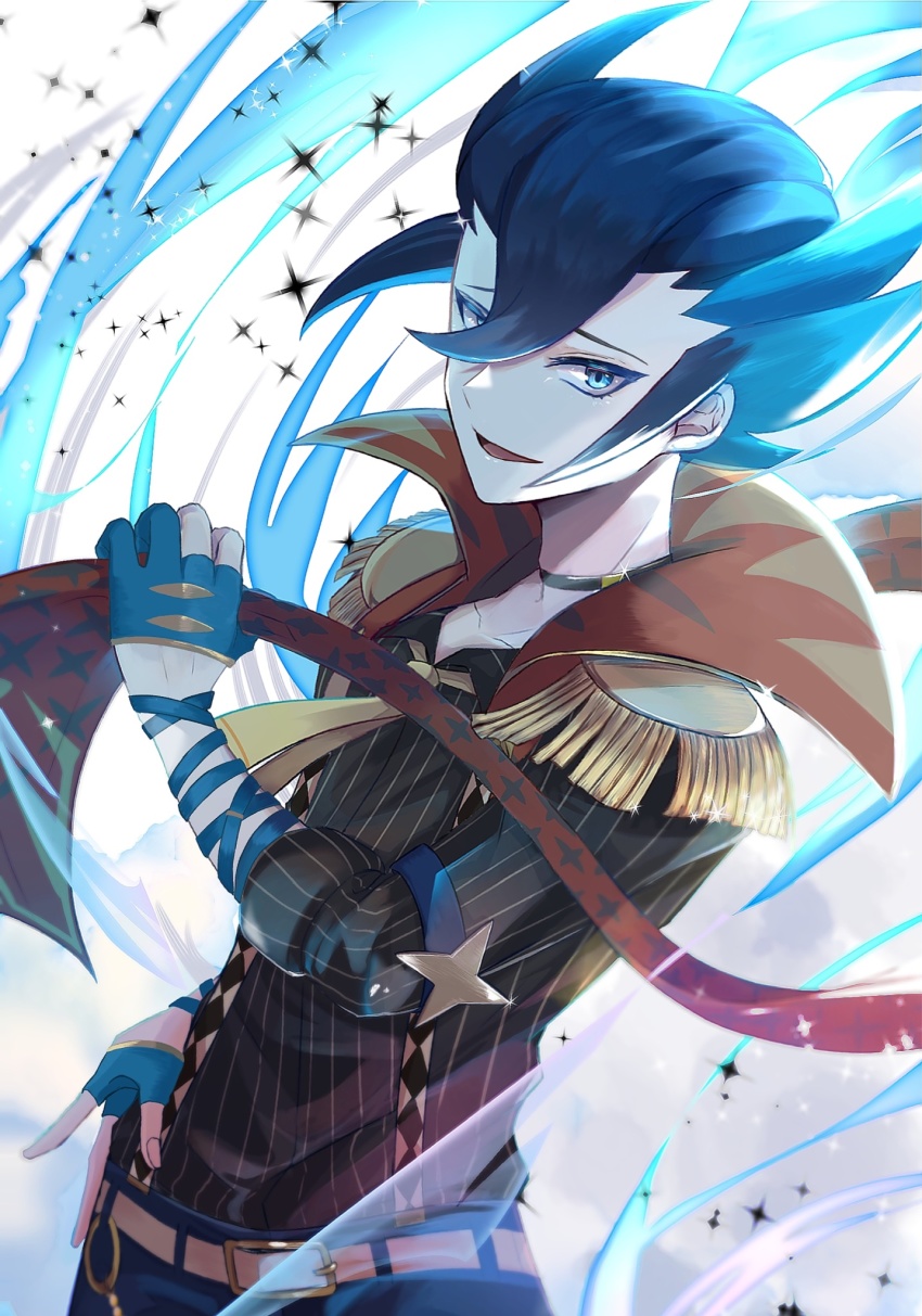 1boy, belt, black_shirt, blue_eyes, blue_hair, commentary_request, epaulettes, gloves