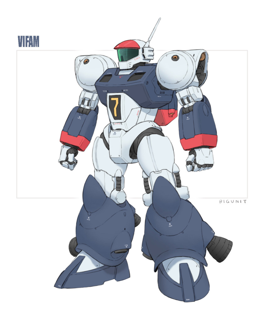 1980s_(style), bigunit, cable, character_name, ginga_hyouryuu_vifam, highres, machinery, mecha, mecha_focus, no_humans, oldschool, radio_antenna, retro_artstyle, robot, science_fiction, sensor, signature, simple_background, sketch, solo, thrusters, vifam