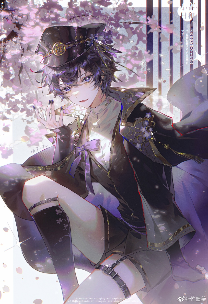 1boy, absurdres, alternate_costume, bishounen, black_nails, blurry, bow, chromatic_aberration