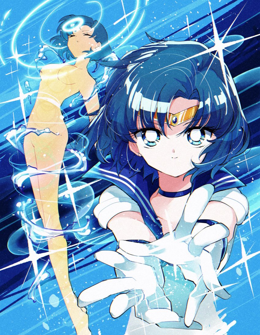 1girl, bishoujo_senshi_sailor_moon, blue_eyes, blue_hair, gloves, highres, looking_at_viewer, magical_girl, mizuno_ami, no_nipples, nude, pochi_(askas_is_god), sailor_mercury, short_hair, short_sleeves, water
