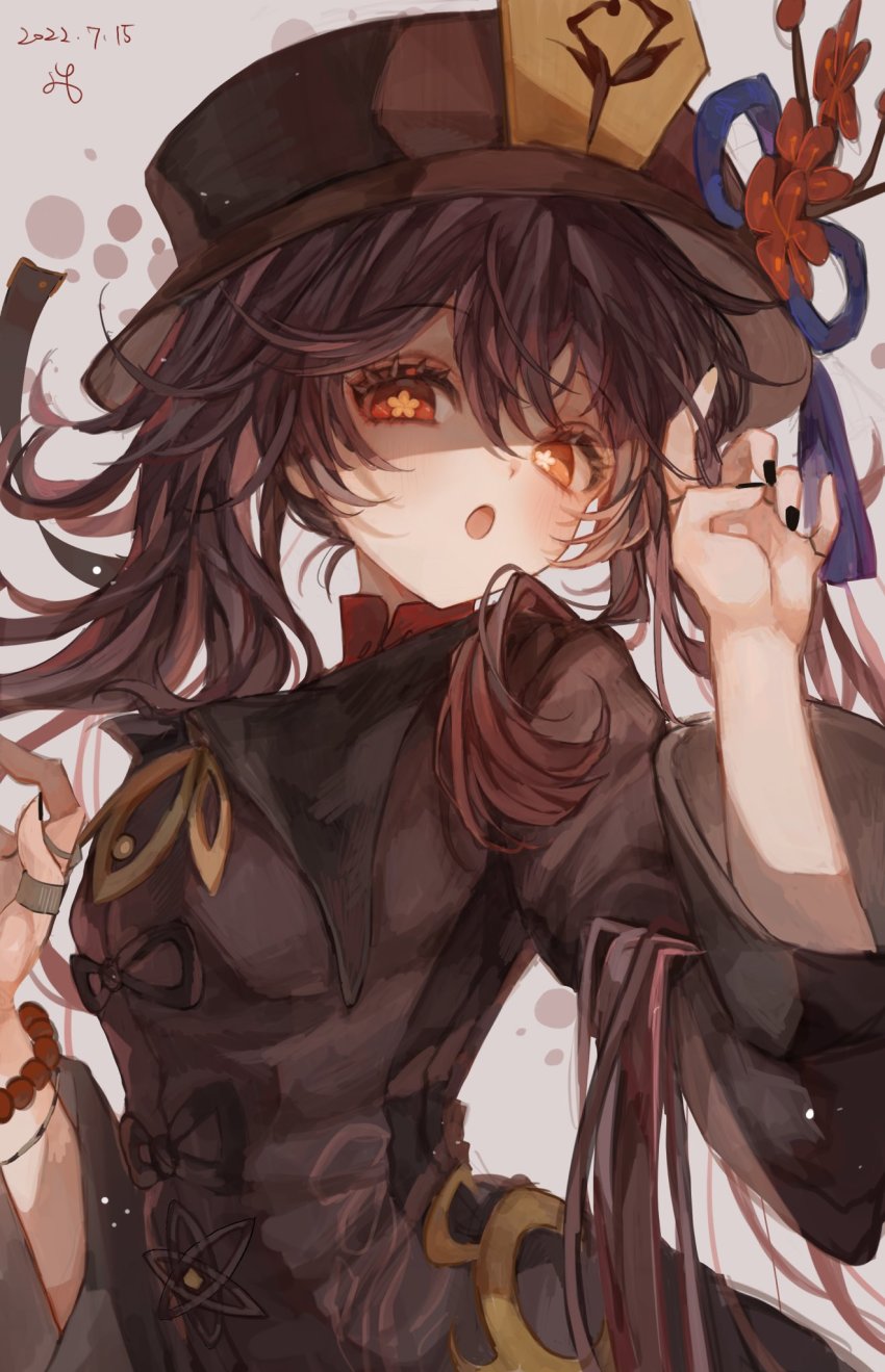 1girl, :o, bad_id, bad_twitter_id, bead_bracelet, beads, black_nails, blush, bracelet, brown_coat, brown_hair, brown_hat, coat, commentary, dated, flower, flower-shaped_pupils, genshin_impact, hands_up, hat, hat_flower, highres, hu_tao_(genshin_impact), jewelry, long_hair, long_sleeves, looking_at_viewer, multiple_rings, nail_polish, ofgwr, open_mouth, plum_blossoms, porkpie_hat, red_eyes, ring, signature, solo, symbol-shaped_pupils, upper_body
