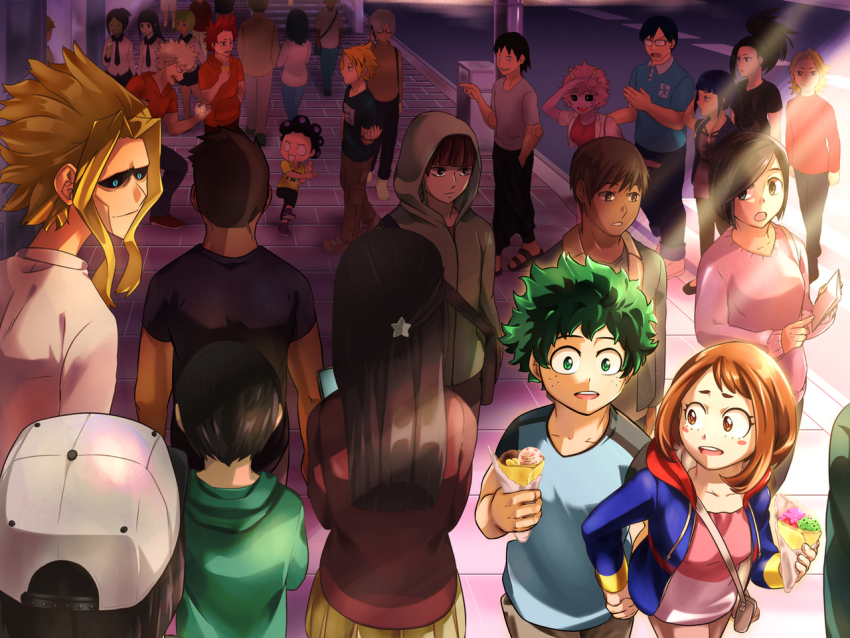 6+boys, 6+girls, achrocide, ashido_mina, bag, bakugou_katsuki, black_hair, black_necktie, black_sclera, blonde_hair, blue_eyes, blue_jacket, blue_shirt, blush, boku_no_hero_academia, brown_eyes, brown_hair, cellphone, character_request, colored_sclera, colored_skin, commentary, crowd, dark-skinned_male, dark_skin, denim, dessert, english_commentary, food, freckles, green_eyes, green_hair, grey_hair, hair_ornament, handbag, hetero, holding_hands, hood, hood_down, horns, iida_tenya, jacket, jiro_kyoka, kaminari_denki, kirishima_eijirou, midoriya_izuku, mineta_minoru, multiple_boys, multiple_girls, necktie, outdoors, phone, pink_hair, pink_skin, pointing, sandals, school_uniform, sero_hanta, shirt, short_sleeves, spiked_hair, standing, star_(symbol), star_hair_ornament, t-shirt, uraraka_ochako, yagi_toshinori, yaoyorozu_momo