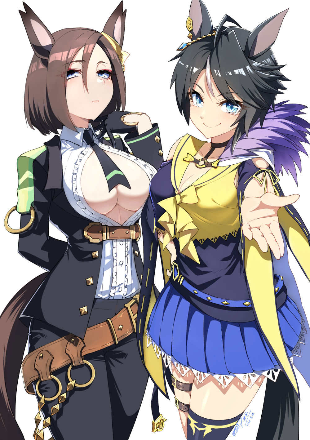 2girls, ahoge, air_groove_(umamusume), air_groove_(umamusume)_(cosplay), animal_ears, arm_behind_back, bare_shoulders, belt