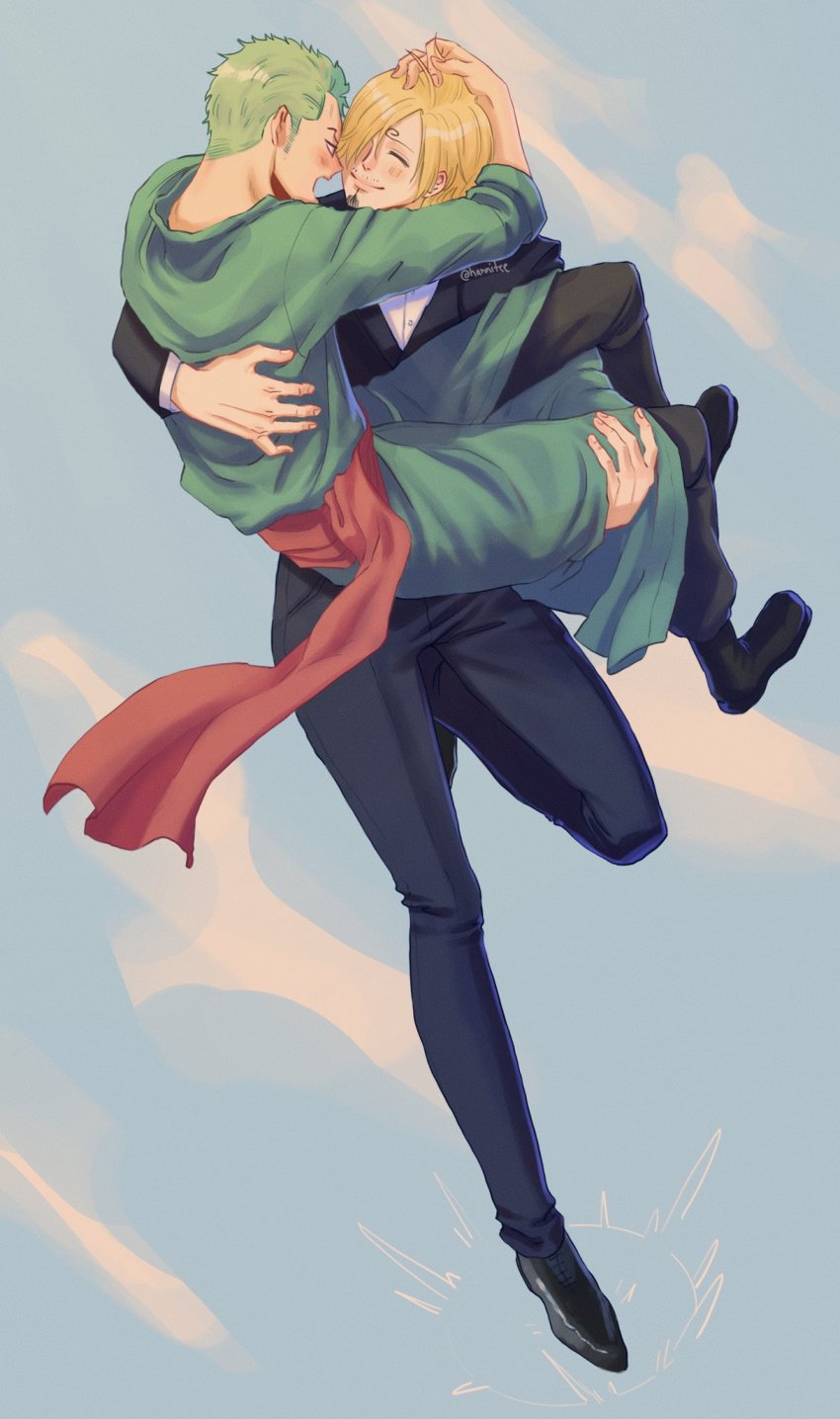 2boys, blonde_hair, blush, carrying, carrying_person, cloud, cloudy_sky, embarrassed