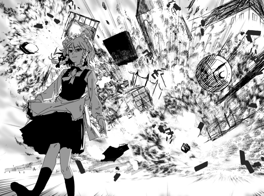 1girl, apron, black_dress, black_eyes, bow, braid, chainsaw_man, clock