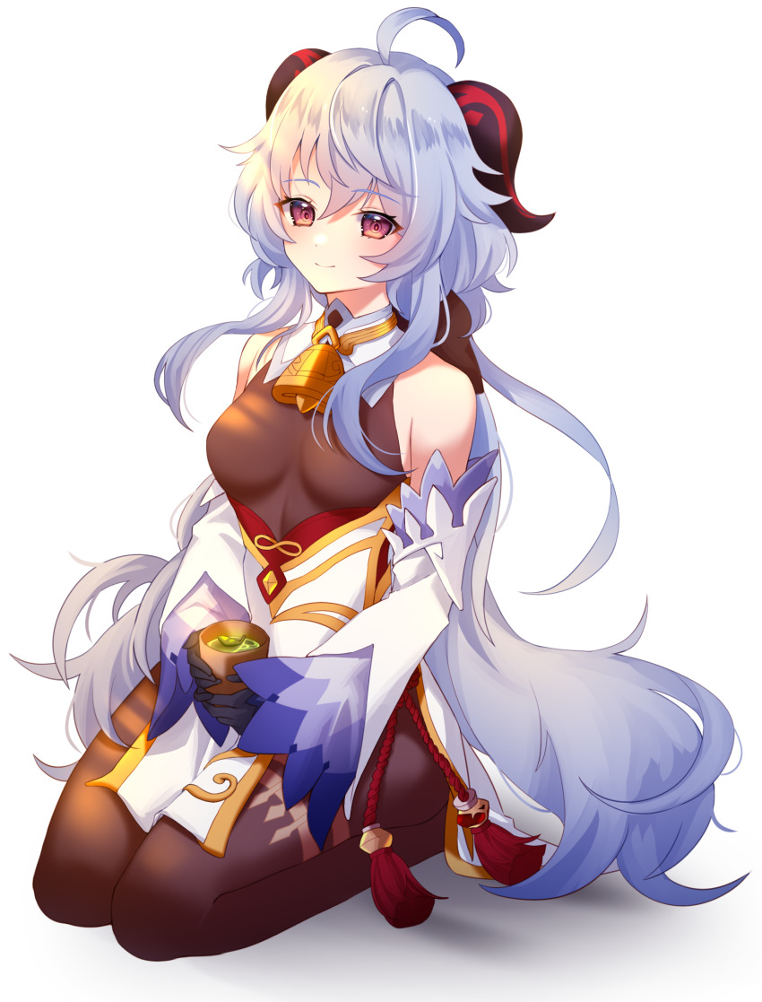 1girl, ahoge, arcelle, bare_shoulders, bell, black_gloves, black_pantyhose, blue_hair