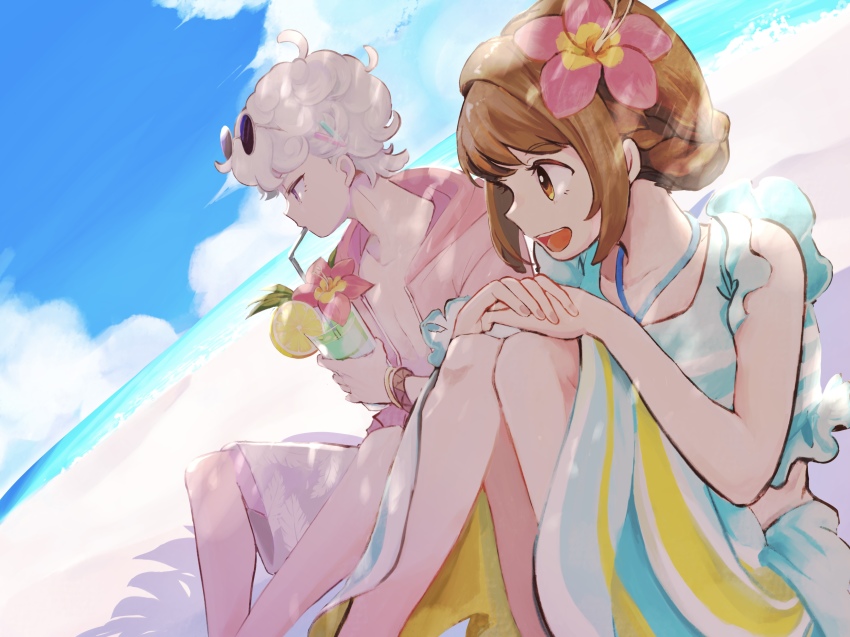 1boy, 1girl, 9no_kabe, :d, absurdres, alternate_costume, beach, bede_(pokemon)