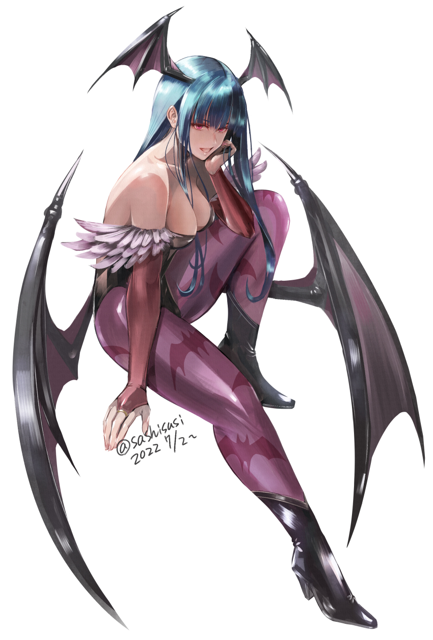 1girl, 2022, :d, absurdres, between_breasts, black_footwear, black_leotard, black_wings