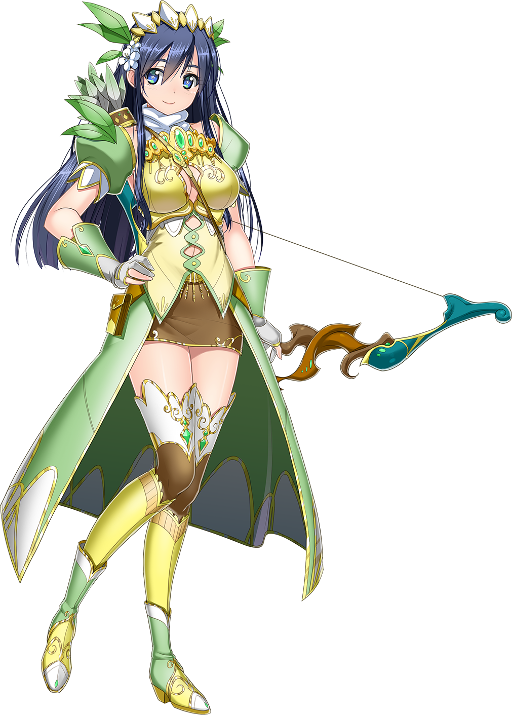 1girl, artwhirl_mahou_gakuen_no_otome-tachi, blue_eyes, blue_hair, bow_(weapon), breasts, brown_skirt, cleavage