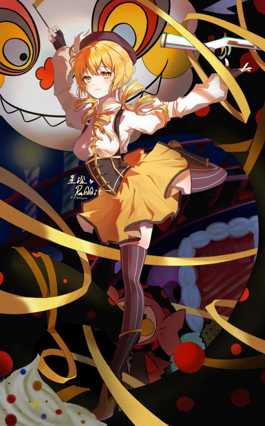 1girl, :3, abstract_background, absurdres, arm_up, artist_name, beret, black_gloves