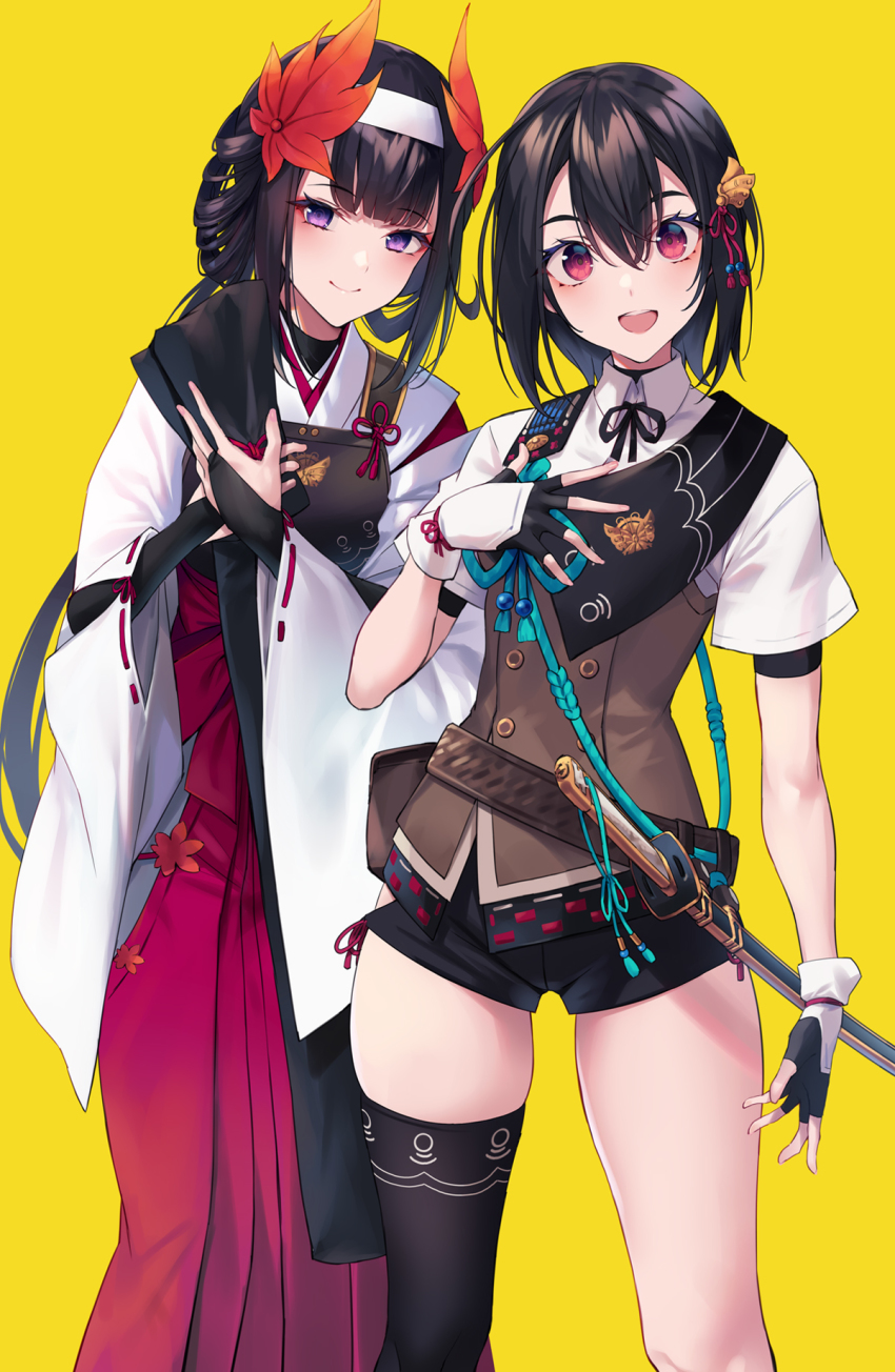 2girls, :d, armor, black_gloves, black_hair, black_ribbon, black_shorts, black_thighhighs, blue_ribbon, blunt_bangs, bridal_gauntlets, brown_vest, buttons, closed_mouth, collared_shirt, cowboy_shot, double-breasted, fingerless_gloves, fukai_ryosuke, gloves, hair_between_eyes, hakama, hakama_skirt, hand_on_own_chest, headband, highres, holding, itsukushima_no_tomonari_(tenka_hyakken), japanese_clothes, leaf, long_hair, looking_at_viewer, maple_leaf, miko, multiple_girls, nukemaru_(tenka_hyakken), open_mouth, purple_eyes, red_eyes, red_hakama, ribbon, shirt, short_hair, short_sleeves, shorts, side-tie_shorts, sidelocks, single_thighhigh, skindentation, skirt, smile, standing, tenka_hyakken, thigh_gap, thighhighs, vest, white_shirt, wide_sleeves, wrist_guards, yellow_background