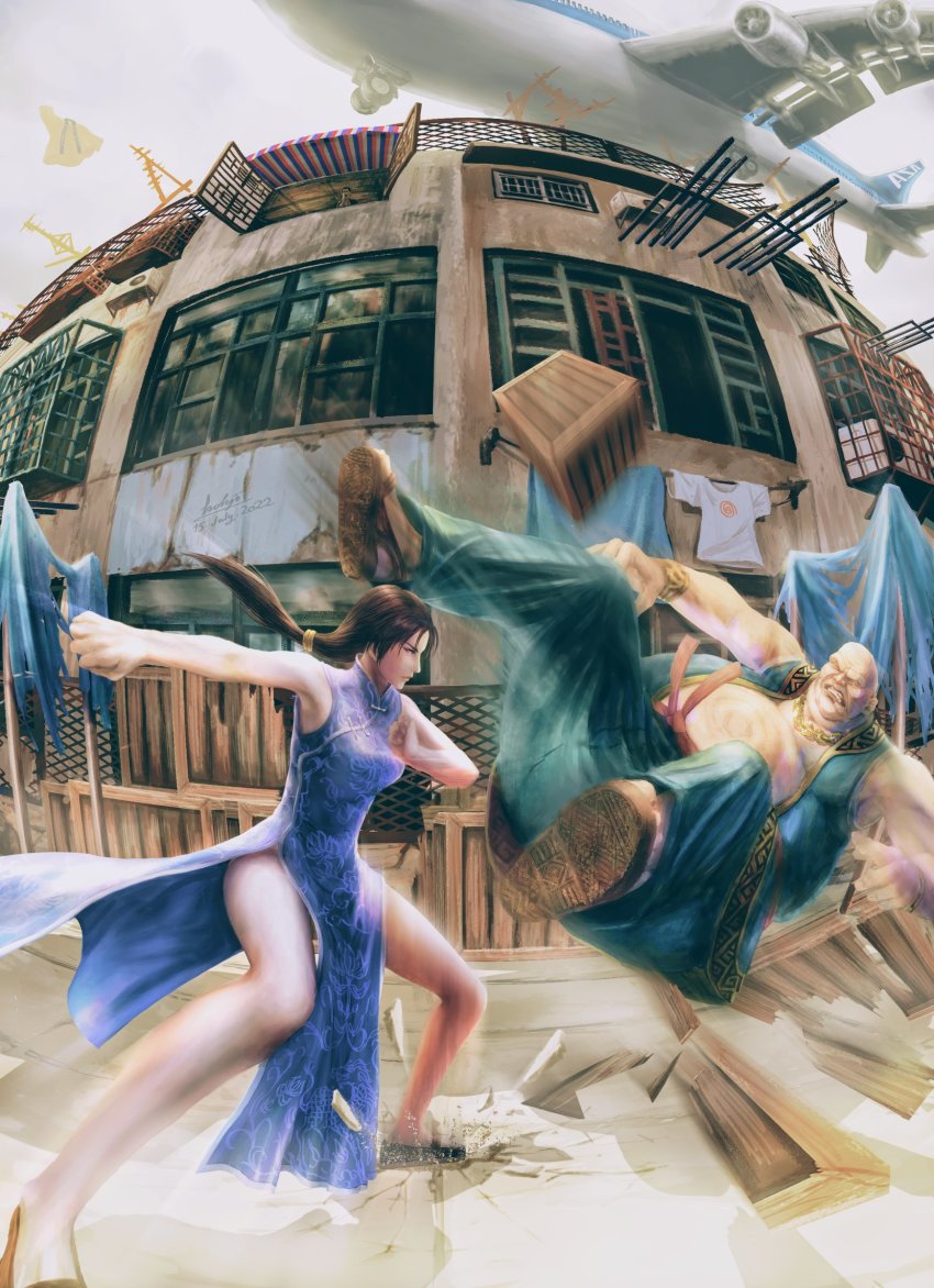 1boy, 1girl, absurdres, aircraft, airplane, arms_up, bald, black_footwear, blue_dress, brown_hair, china_dress, chinese_clothes, city, clenched_hands, collared_dress, crack, cracked_floor, crate, dated, day, dou_niu, dress, elbowing, fighting, fighting_stance, fisheye, game_console, green_pants, green_vest, highres, hong_xiu_ying, jewelry, kohji, long_hair, low-tied_long_hair, martial_arts, motion_blur, necklace, outdoors, pants, parted_bangs, patterned_clothing, red_sash, sandals, sash, sega_dreamcast, serious, shenmue, shenmue_ii, shirt, side_slit, signature, stomping, thighs, vest, wind, wind_lift, window