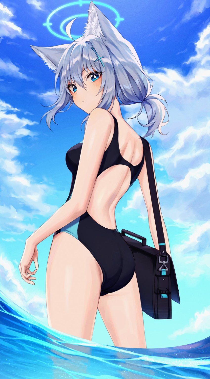 1girl, :/, animal_ear_fluff, animal_ears, ass, back, backless_swimsuit, bag