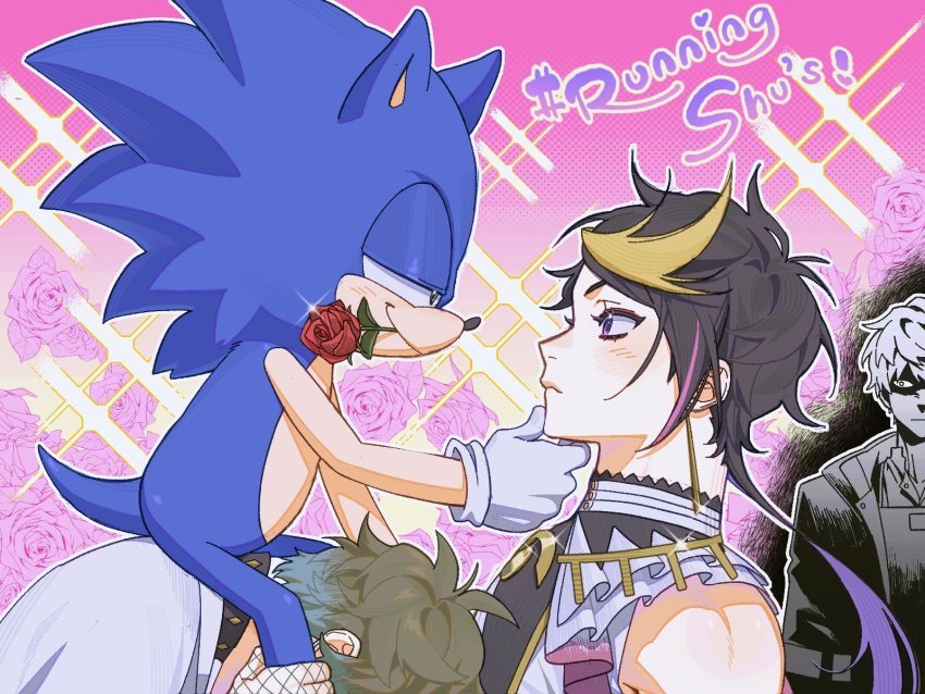 4boys, babyseven_77, black_hair, blonde_hair, blue_hair, brown_hair, carrying, color_drain