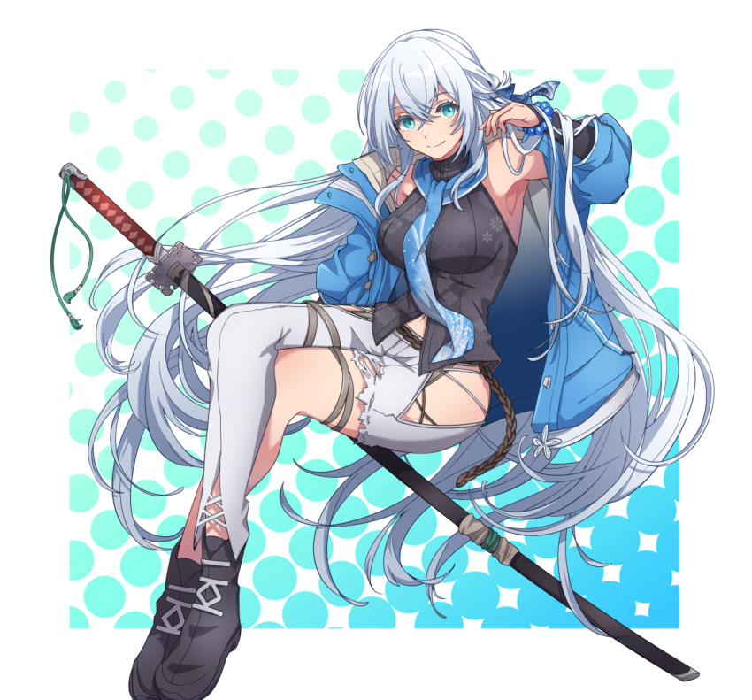 1girl, aqua_eyes, armpits, bead_bracelet, beads, belt, black_boots, black_shirt