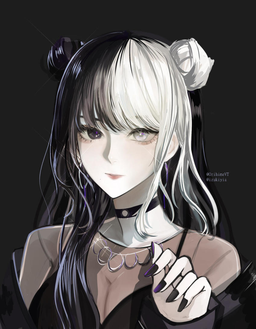 1girl, black_choker, black_eyes, black_hair, black_jacket, breasts, choker, cleavage