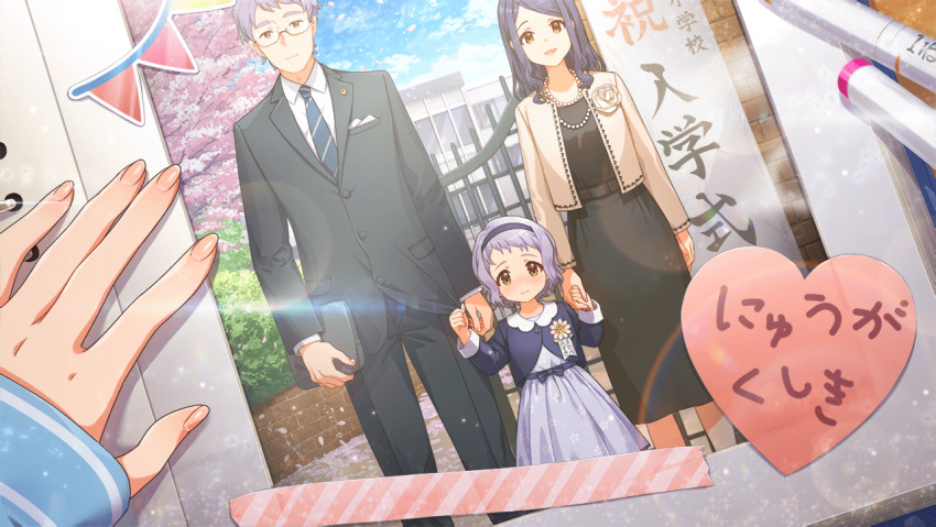 1boy, 2girls, aged_down, blue_hair, blush, cherry_blossoms, dark_blue_hair, entrance_ceremony
