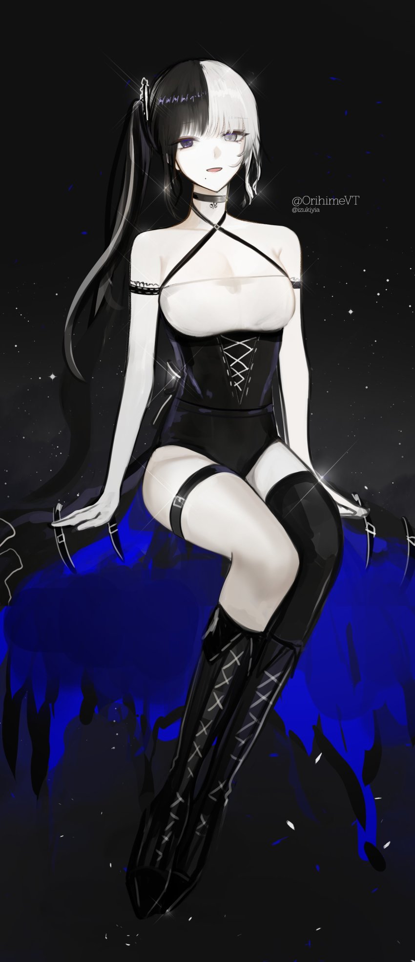 1girl, absurdres, black_boots, black_choker, black_eyes, black_hair, black_thighhighs, boots, choker, eiko_orihime, grey_eyes, heterochromia, highres, indie_virtual_youtuber, izuki_yia, looking_at_viewer, mole, mole_under_mouth, multicolored_hair, open_mouth, side_ponytail, single_thighhigh, sitting, smile, solo, thigh_strap, thighhighs, two-tone_hair, virtual_youtuber, white_hair