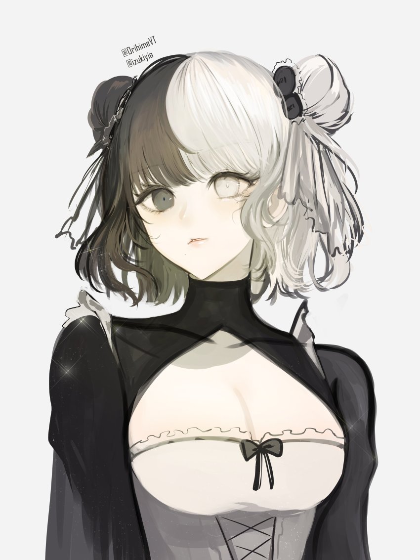 1girl, absurdres, black_bow, black_eyes, black_hair, bow, breasts, cleavage