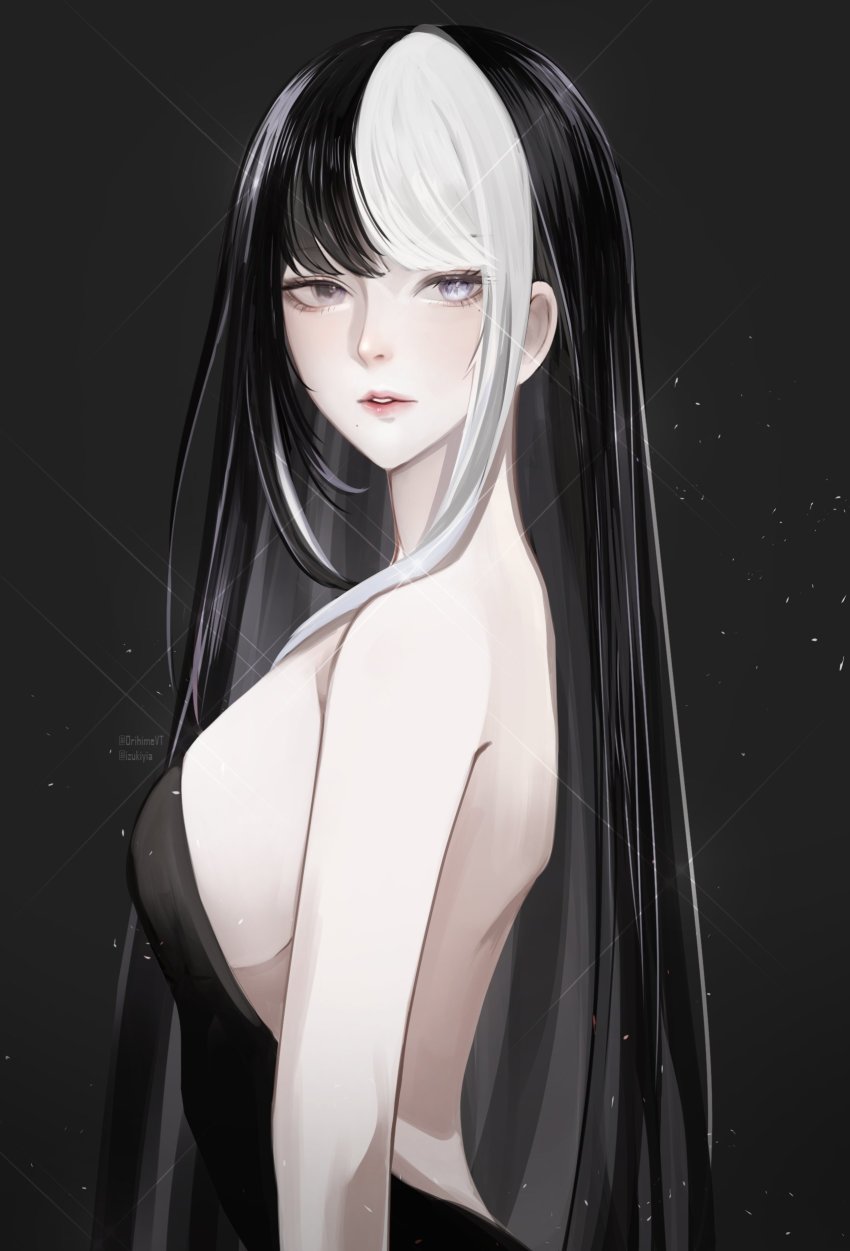 1girl, absurdres, backless_dress, backless_outfit, black_dress, black_eyes, black_hair, breasts, commentary, dress, eiko_orihime, english_commentary, from_side, grey_eyes, hair_behind_ear, heterochromia, highres, indie_virtual_youtuber, izuki_yia, long_hair, looking_to_the_side, medium_breasts, multicolored_hair, parted_lips, sideboob, solo, two-tone_hair, virtual_youtuber, white_hair
