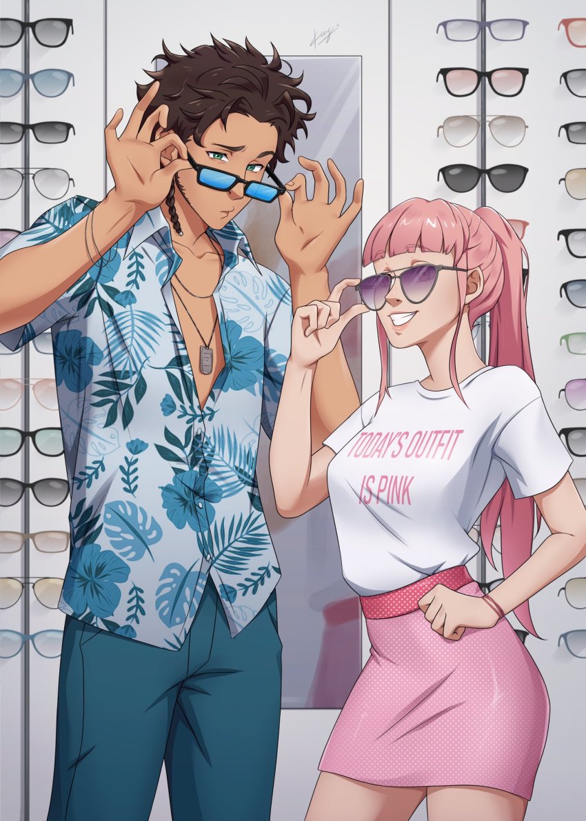 1boy, 1girl, breasts, brown_hair, claude_von_riegan, clothes_writing, commentary, contemporary, contrapposto, dog_tags, english_commentary, english_text, fire_emblem, fire_emblem:_three_houses, hand_on_own_hip, hawaiian_shirt, high-waist_skirt, highres, hilda_valentine_goneril, kayksyla, nintendo, pink_hair, pink_skirt, shirt, skirt, sunglasses, t-shirt, third-party_source, tinted_eyewear, trying_on_clothes, white_shirt