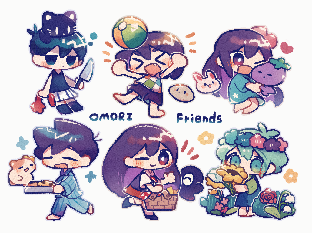 >_<, 2girls, 4boys, :d, animal, aubrey_(headspace)_(omori), aubrey_(omori), ball