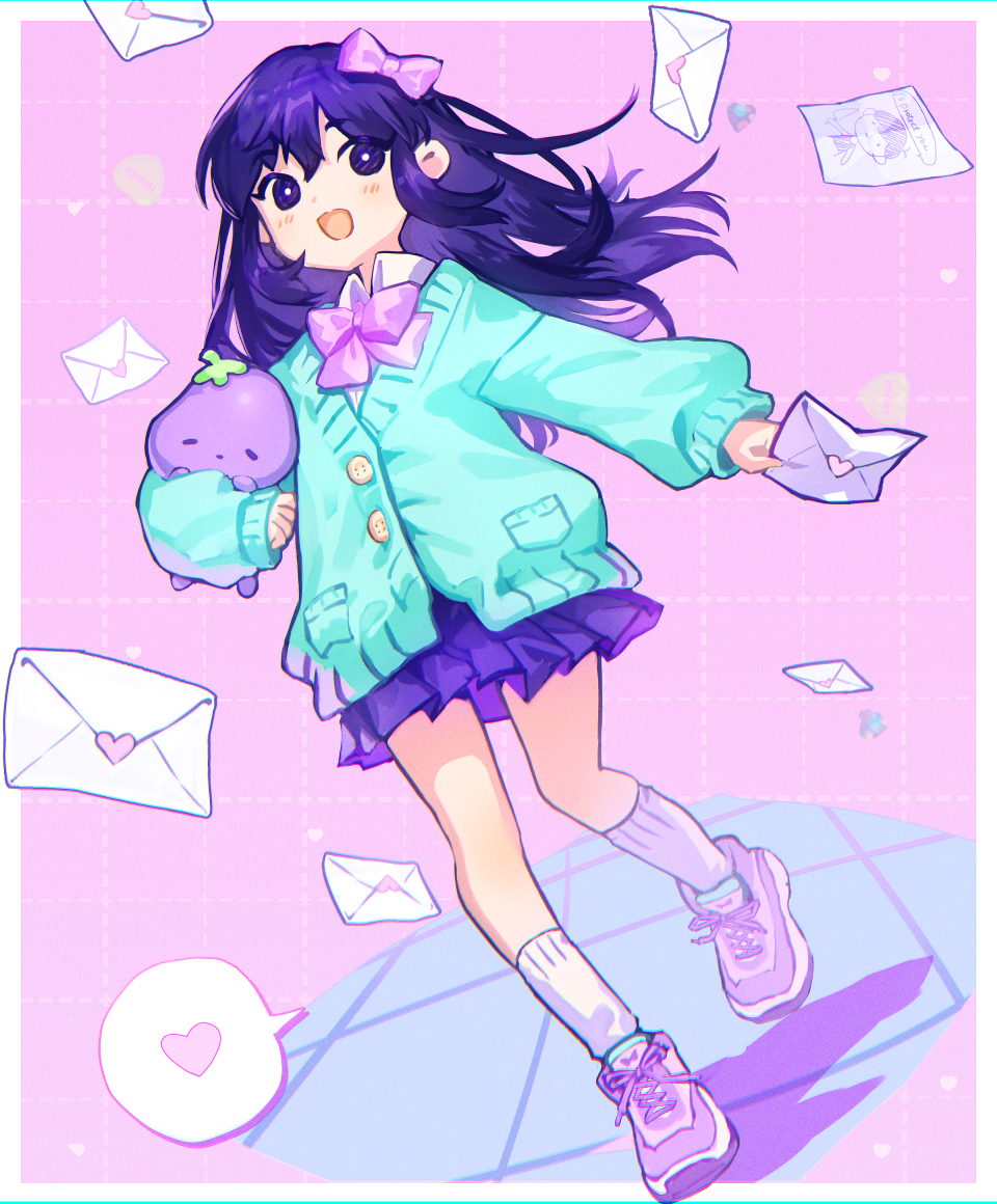 1girl, aubrey_(faraway)_(omori), aubrey_(omori), bow, bright_pupils, collared_shirt, envelope, hair_behind_ear, heart, holding, holding_envelope, looking_to_the_side, mr._plantegg, omori, purple_bow, purple_eyes, purple_hair, purple_shoes, purple_skirt, shionty, shirt, shoes, skirt, smile, sneakers, solo, speech_bubble, stuffed_toy, white_pupils, white_shirt