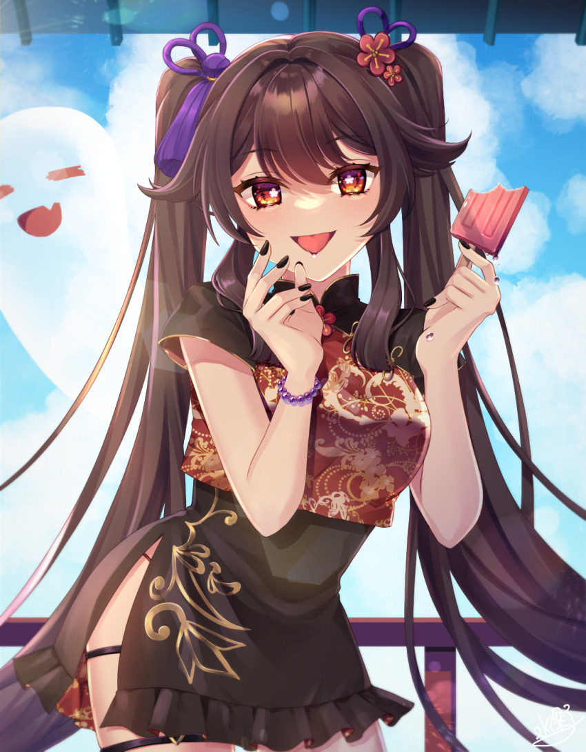 1girl, black_dress, blue_sky, brown_hair, china_dress, chinese_clothes, cloud, cloudy_sky