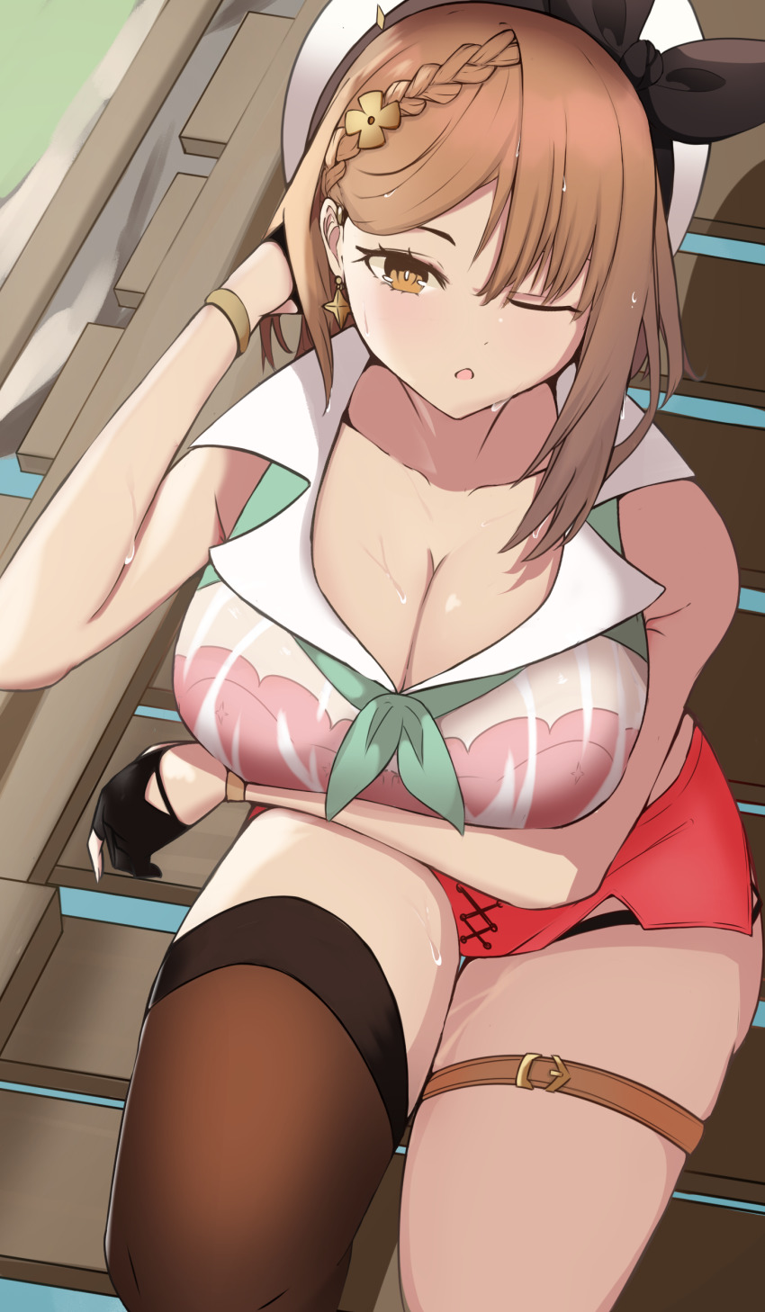 1girl, absurdres, atelier_(series), atelier_ryza, atelier_ryza_1, belt, blush, bra, bra_visible_through_clothes, breasts, brown_belt, brown_eyes, brown_hair, cowboy_shot, earrings, gloves, hair_ornament, hairclip, hat, highres, jewelry, large_breasts, leather, leather_belt, looking_at_viewer, maruruun, one_eye_closed, open_mouth, outdoors, partially_fingerless_gloves, red_bra, red_shorts, reisalin_stout, ribbon, see-through_clothes, shirt, short_hair, short_shorts, shorts, sidelocks, sitting, sleeveless, sleeveless_shirt, solo_focus, thick_thighs, thighhighs, thighs, underwear, wet, wet_clothes, wet_hair, white_headwear