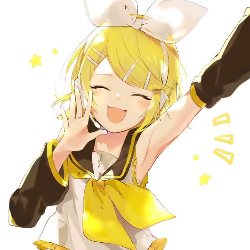 1girl, :3, arm_up, armpits, ascot, backlighting, bare_shoulders, blonde_hair