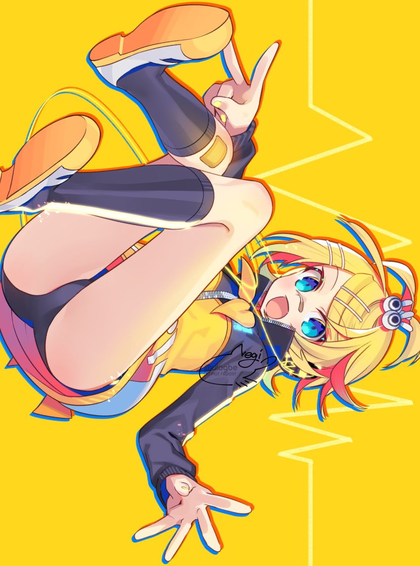 1girl, bandaid, bandaid_on_face, bandaid_on_knee, bandaid_on_leg, bandaid_on_nose, black_socks, blonde_hair, blue_eyes, bow, buruma, cardiogram, flat_chest, hair_bobbles, hair_ornament, hairclip, headphones, highres, jacket, kagamine_len, kagamine_len_(school_jersey), kagamine_rin, kagamine_rin_(stylish_energy), looking_at_viewer, multicolored_jacket, nail_polish, negi_(ulog'be), open_mouth, project_diva_(series), shoes, sideways, smile, socks, solo, stylish_energy_(module), sweater, two-tone_jacket, uwabaki, v, vocaloid, yellow_background, yellow_bow, yellow_jacket, yellow_nails, zipper