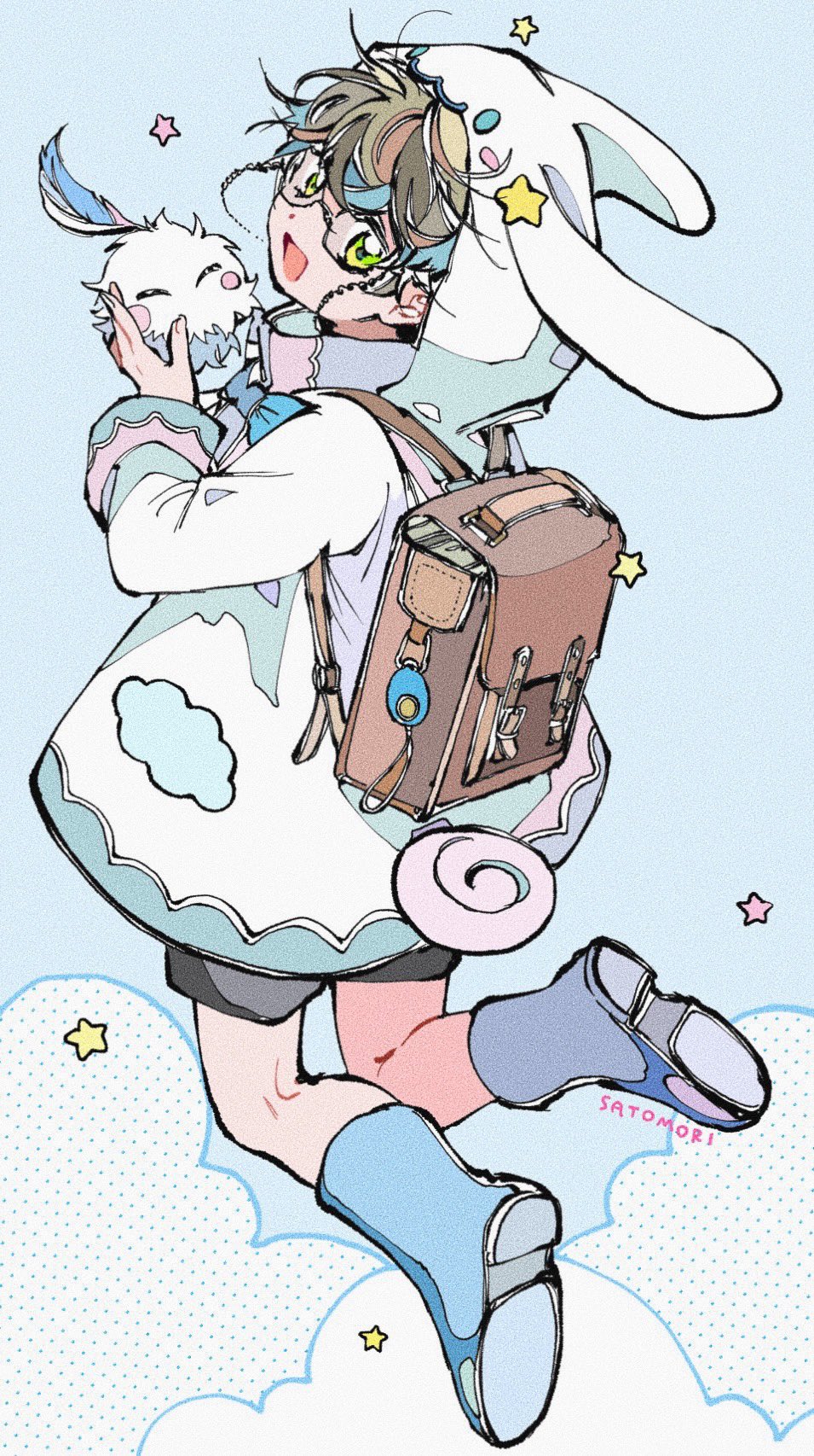 1boy, :d, aged_down, animal, animal_ear_headwear, animal_ears, backpack, bag