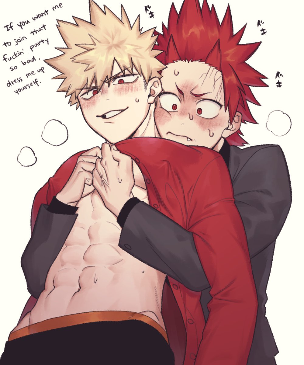 2boys, abs, babyseven_77, bakugou_katsuki, bara, black_jacket, blonde_hair, blush, boku_no_hero_academia, closed_mouth, covered_erect_nipples, dressing_another, english_text, highres, jacket, kirishima_eijirou, large_pectorals, male_focus, multiple_boys, muscular, muscular_male, navel, partially_unbuttoned, pectorals, red_eyes, red_hair, red_shirt, shirt, short_hair, smile, spiked_hair, yaoi