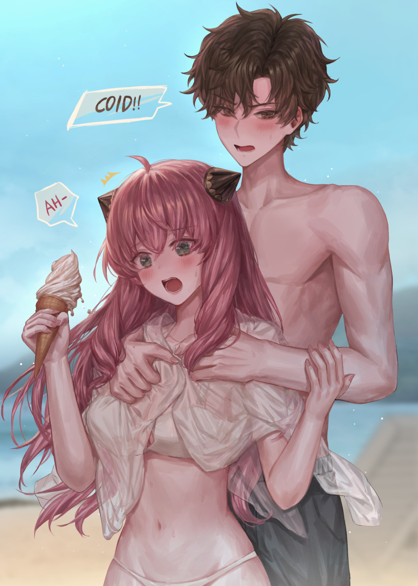 1boy, 1girl, ^^^, aged_up, ahoge, alternate_hairstyle, anya_(spy_x_family), beach, bikini, black_male_swimwear, black_swim_trunks, blush, breasts, brown_hair, damian_desmond, double_bun, english_text, food, hair_bun, hetero, highres, ice_cream, long_hair, male_swimwear, micha, sand, spy_x_family, surprised, swim_trunks, swimsuit, topless_female, topless_male, white_bikini