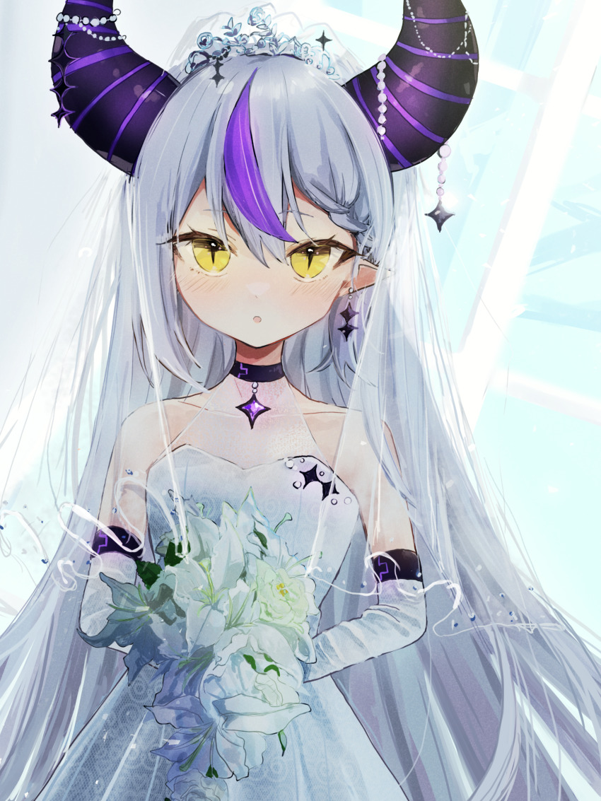 1girl, absurdres, akebisousaku, bare_shoulders, black_choker, blue_background, bouquet, choker