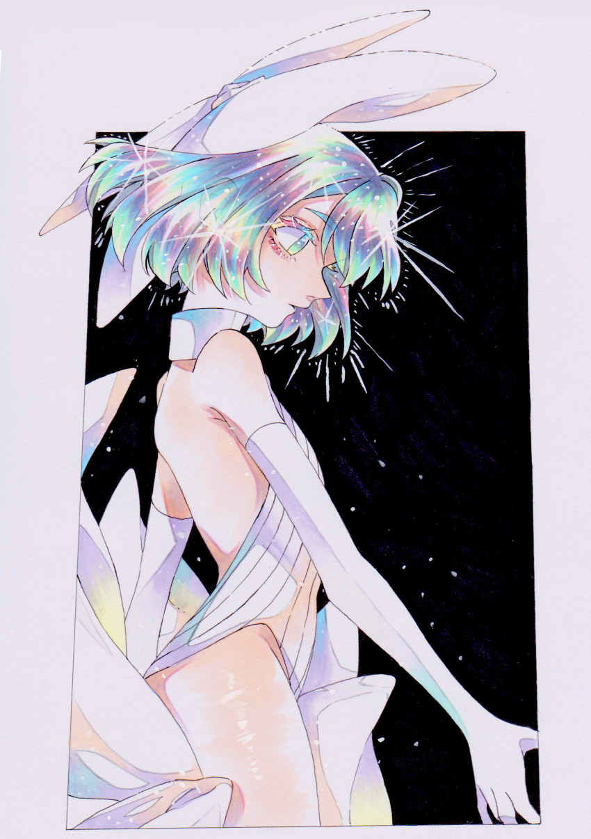 1other, absurdres, backless_outfit, bare_back, bare_hips, bare_shoulders, border, bow, clothing_cutout, collared_leotard, colored_eyelashes, cowboy_shot, crystal_hair, diamond_(houseki_no_kuni), dress, elbow_gloves, eyelashes, from_side, gloves, gradient_eyes, gradient_hair, hair_bow, hair_ribbon, halterneck, high_collar, highleg, highres, houseki_no_kuni, kanitohituzi, leotard, light_particles, looking_down, multicolored_eyes, multicolored_hair, outside_border, parted_lips, ribbon, short_hair, simple_background, solo, sparkle, striped_clothes, striped_leotard, traditional_media, white_dress, white_gloves, white_leotard