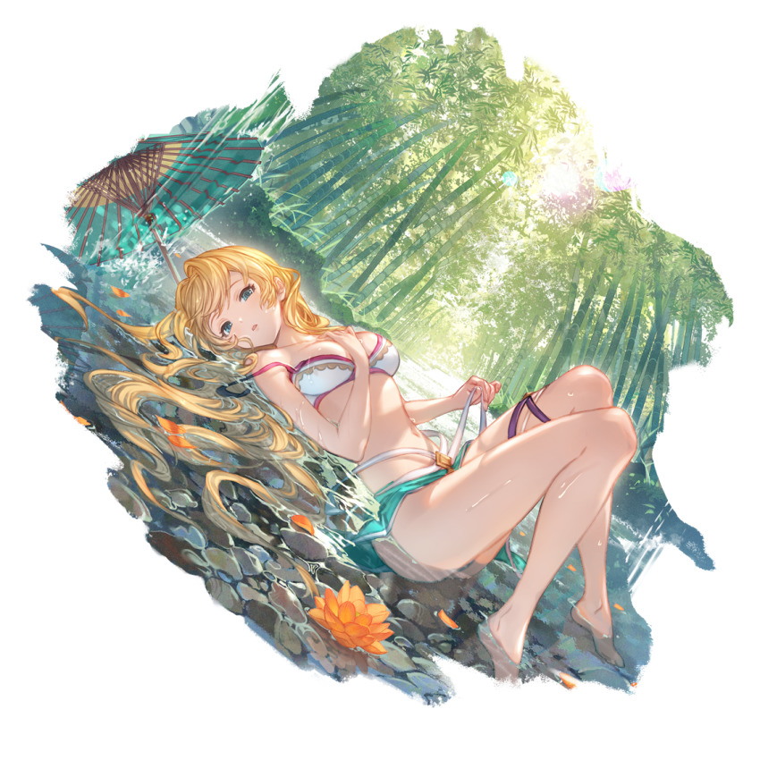 1girl, bamboo, bamboo_forest, barefoot, bikini, blonde_hair, blue_eyes, breasts