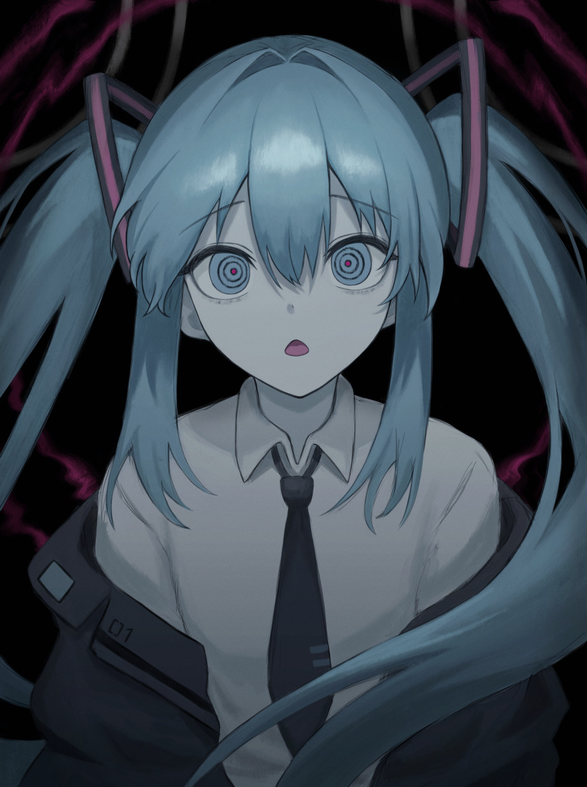 1girl, @_@, absurdres, bags_under_eyes, blue_hair, chestnut_mouth, collared_shirt, empty_eyes, hair_intakes, hair_ornament, hatsune_miku, highres, jacket, kkamkkam, long_hair, looking_up, necktie, off_shoulder, open_mouth, ringed_eyes, shirt, solo, tie_clip, twintails, vocaloid