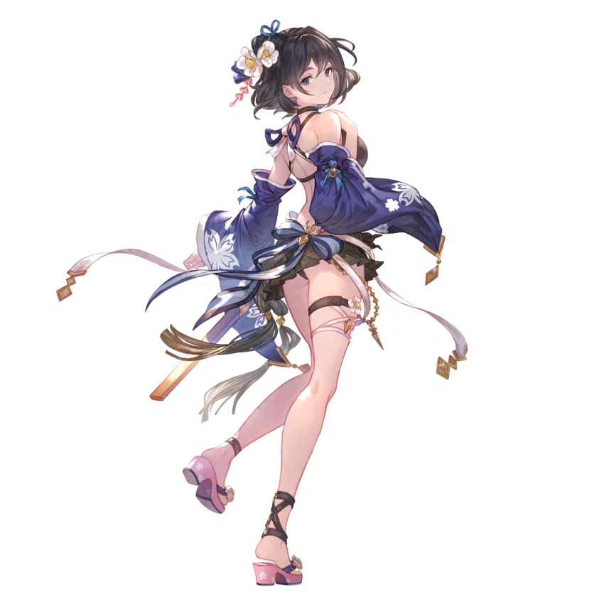 1girl, black_eyes, black_hair, breasts, detached_sleeves, flower, full_body, granblue_fantasy