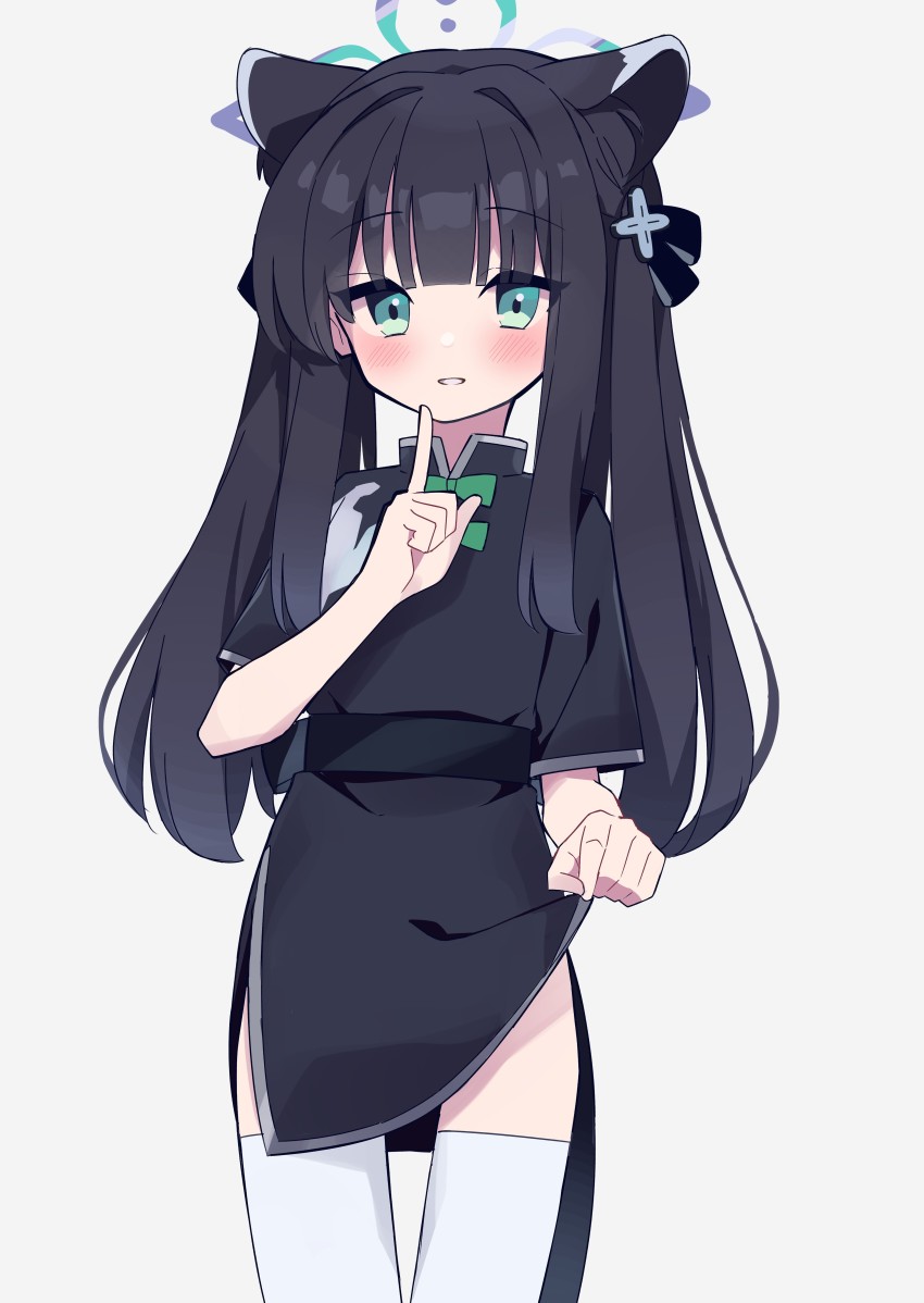 1girl, absurdres, animal_ears, black_hair, blue_archive, blunt_bangs, blush, chinese_clothes