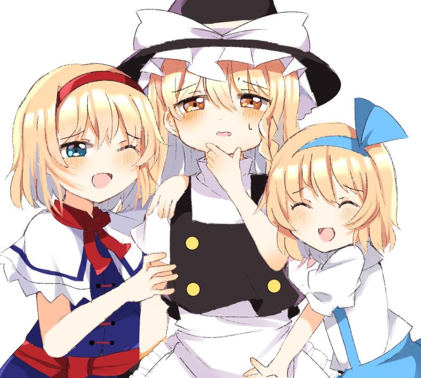 3girls, ^_^, alice_margatroid, alice_margatroid_(pc-98), black_headwear, blonde_hair, blue_dress, blue_skirt