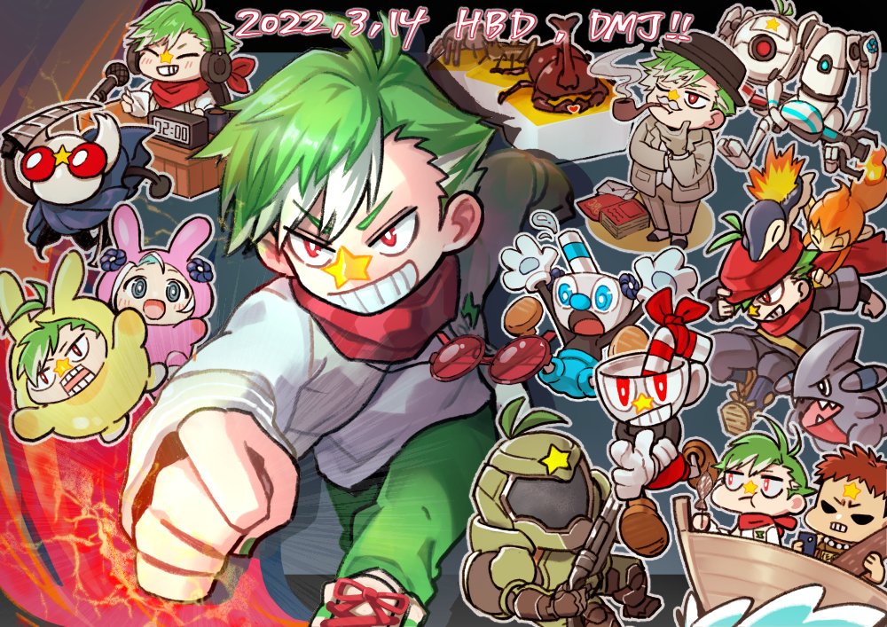 1girl, 2boys, animal_costume, aperture_science_handheld_portal_device, atlas_(portal), atlas_(portal)_(cosplay), badge, beetle, blue_eyes, blue_hair, blush, boat, book, book_stack, brown_footwear, brown_hair, brown_headwear, bug, button_badge, cellphone, chimchar, clock, commentary_request, cosplay, cup, cuphead, cuphead_(cosplay), cuphead_(game), cyndaquil, daimonji_ryugon, dated, doom_(2016), doom_(series), eating, envelope, eyewear_hang, galaxy_expedition_team_survey_corps_uniform, gen_2_pokemon, gen_4_pokemon, gible, green_hair, green_pants, grin, gun, haneuzu_miuneru, happy_birthday, hat, headphones, hercule_poirot, hercule_poirot_(cosplay), holding, holding_cup, holding_gun, holding_phone, holding_weapon, hollow_knight, insect, knight_(hollow_knight), knight_(hollow_knight)_(cosplay), microphone, mugman, mugman_(cosplay), multiple_boys, nail_(hollow_knight), nintendo, p-body, p-body_(cosplay), pants, phone, pokemon, pokemon_(creature), pokemon_legends:_arceus, portal, portal_(series), portal_2, praetor_suit, rabbit_costume, red-tinted_eyewear, red_eyes, red_scarf, rhinoceros_beetle, robot, satou_(daimonji_ryugon), scarf, shirt, shoes, shotgun, smartphone, smile, smoke, smoking_pipe, star_(symbol), super_bunny_man, table, tinted_eyewear, tonziru_sosaku, unworn_eyewear, virtual_youtuber, voms, watercraft, weapon, white_hair, white_shirt