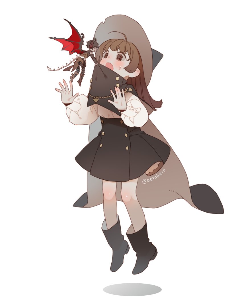 1boy, 1girl, ahoge, amano_meme, ankle_boots, black_cape, black_footwear, black_hair, black_headwear, black_pants, black_skirt, blush, boots, brown_hair, cape, clothes_grab, demon_boy, demon_horns, demon_tail, demon_wings, dragon_boy, dragon_horns, dragon_tail, dragon_wings, flipped_hair, flying, full_body, hands_up, hat, heart, heart_necklace, high-waist_skirt, horns, jewelry, lifting_person, long_hair, long_sleeves, looking_at_another, mini_person, miniboy, necklace, open_mouth, original, outstretched_hand, pants, pendant, puffy_long_sleeves, puffy_sleeves, red_wings, shirt, short_hair, sidelocks, simple_background, size_difference, skirt, sweatdrop, tail, twitter_username, vest, white_background, white_shirt, wings, witch, witch_hat