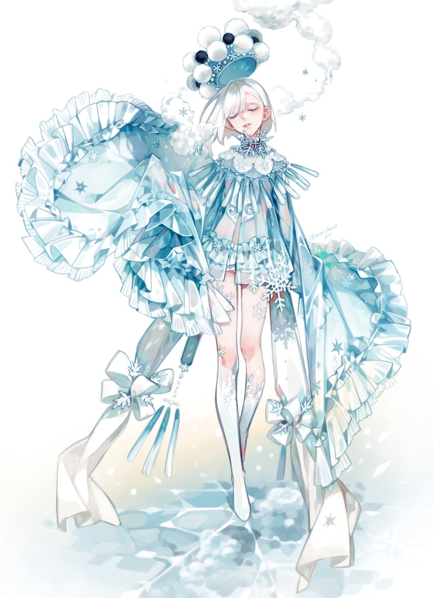 1girl, amano_meme, arm_at_side, beads, blue_dress, blue_hat, blue_panties, blue_theme