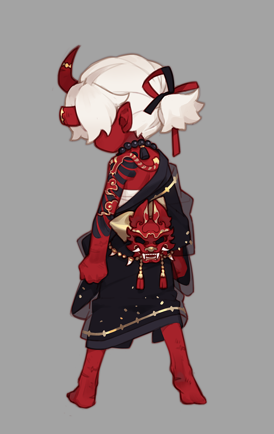 1boy, amano_meme, arm_tattoo, arms_at_sides, asymmetrical_horns, barefoot, bead_necklace, beads