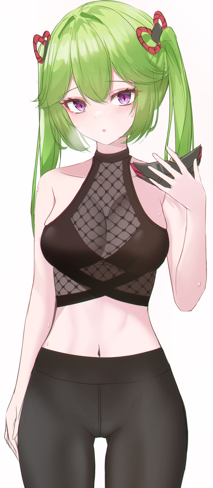 1girl, absurdres, bare_arms, bare_shoulders, black_pants, black_shirt, breasts, cleavage