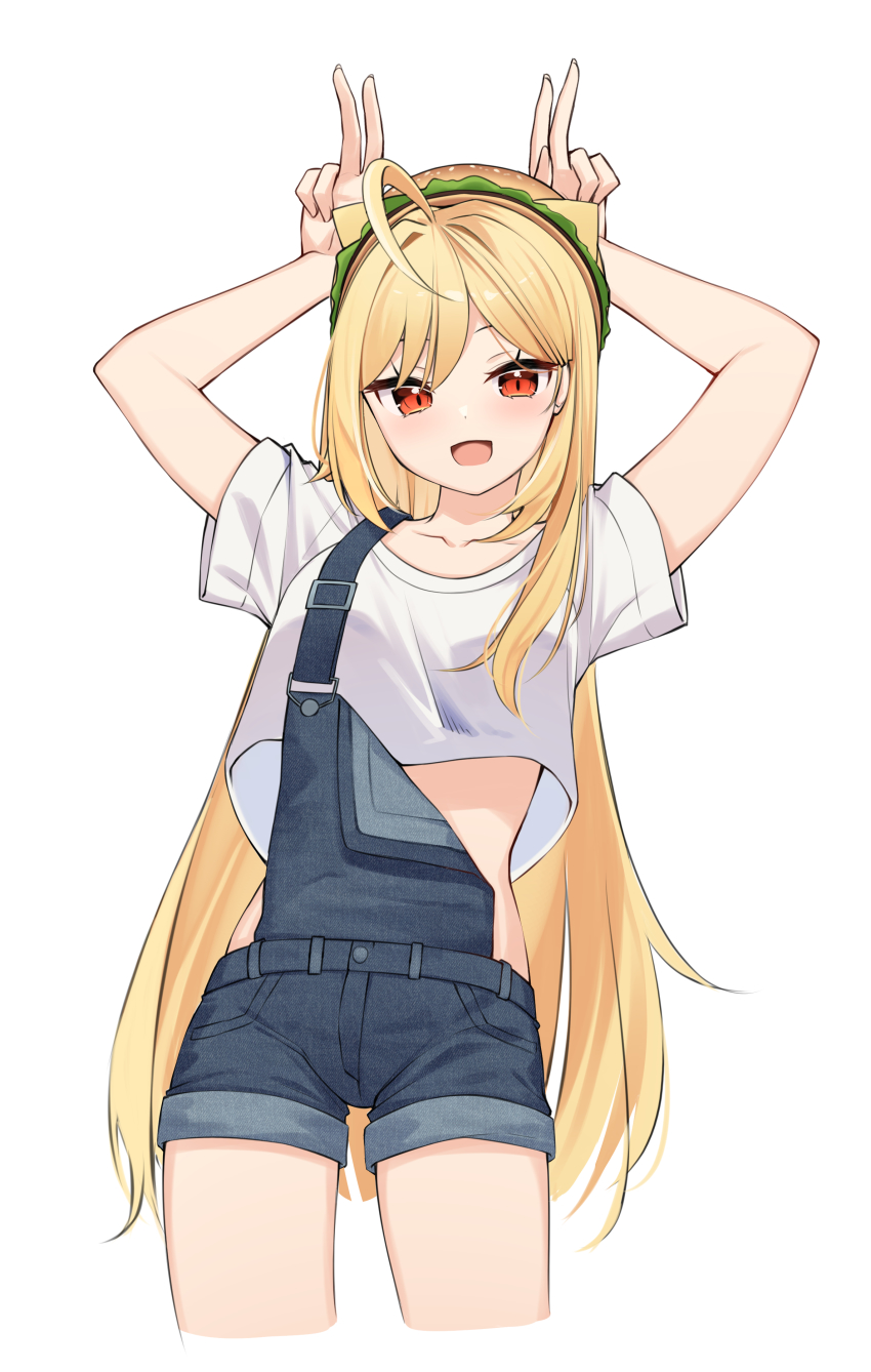 1girl, :d, absurdres, ahoge, arms_up, blonde_hair, blue_shorts, collarbone