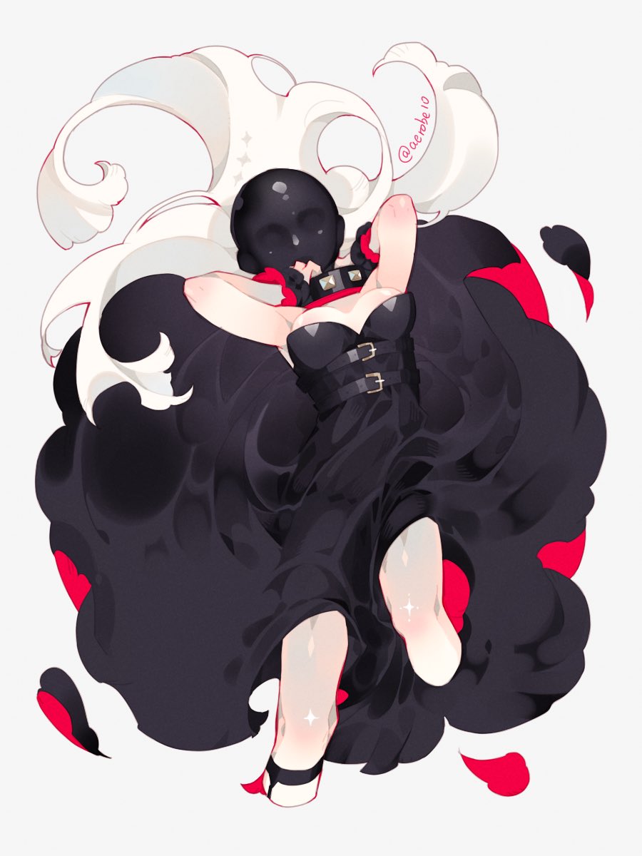 1girl, amano_meme, arms_up, bare_shoulders, black_dress, breasts, cleavage, collar